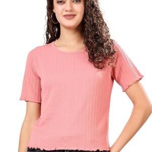 TQH Slim Fit Textured Stretchable Round Neck Textured Knit Short Sleeve Pink Crop Top for Women