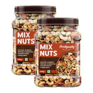 Healthy Nutmix 1kg, Dried Almonds, Black Raisins, Cashewnuts, Cranberries, Green Raisins, Walnut Kernels & Many More. Pack of 2 (500g Each Jar)